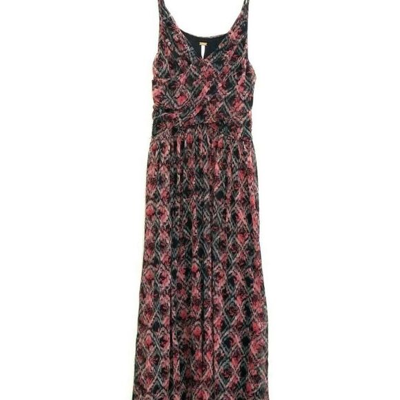 Free People Red Black Leaf Pattern Chiffon Spaghetti Strap Sun Dress - Picture 4 of 10